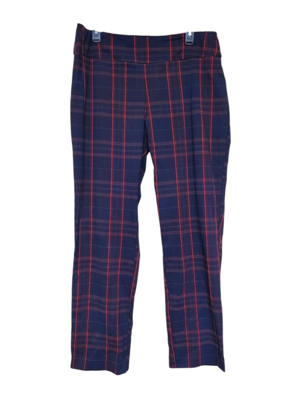 New Directions Woman's Navy Blue Red Windowpane Plaid Pull On Dress Pant Plus 16